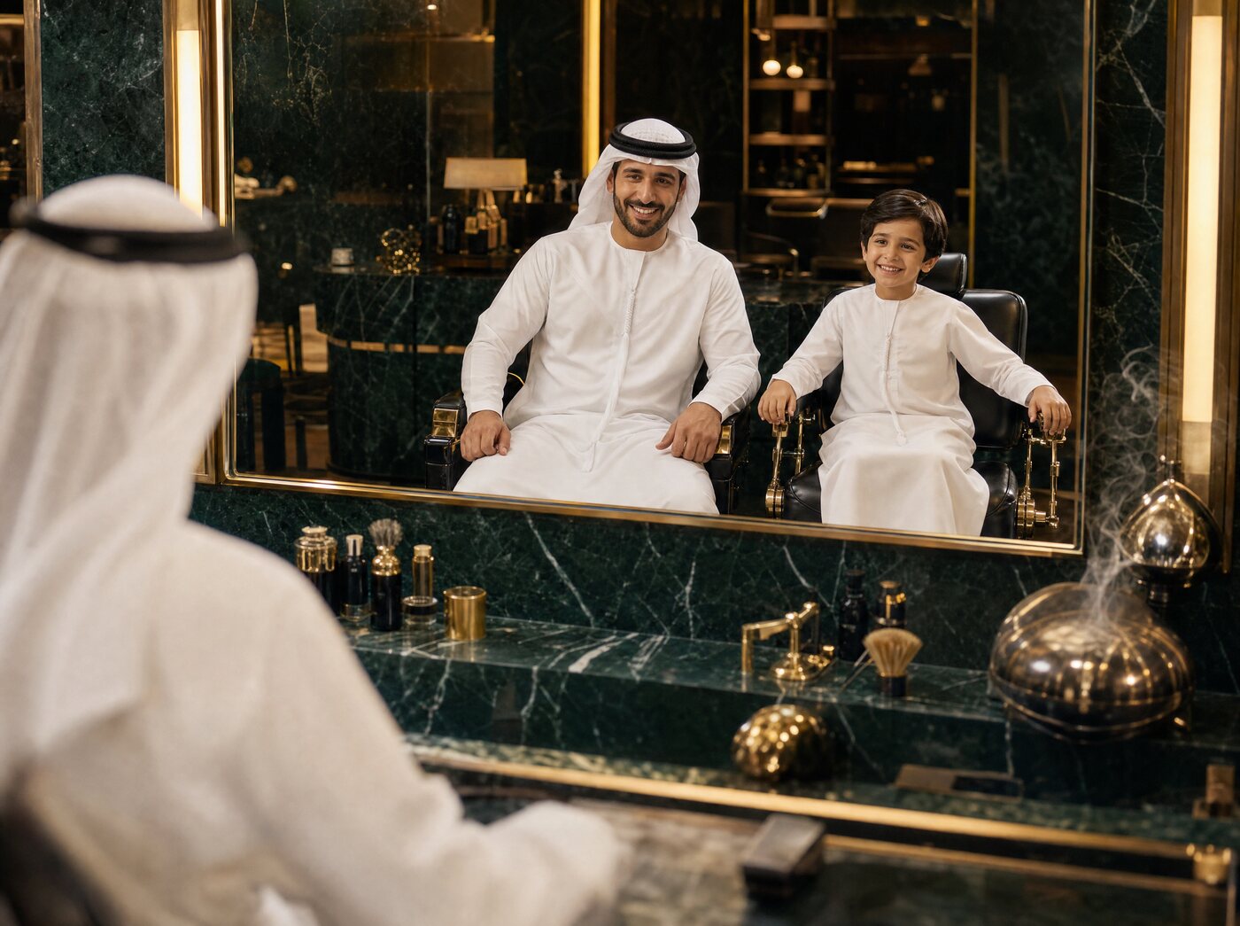 Father and son in matching kanduras in two barber chairs