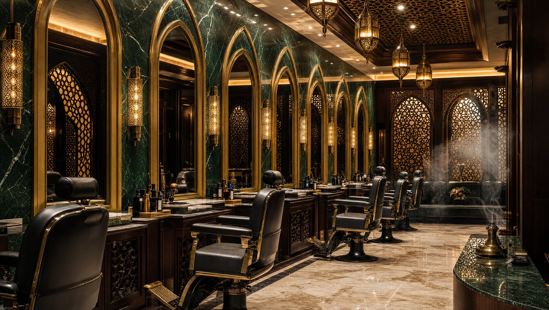 Row of black leather chairs and brass mirrors on emerald marble