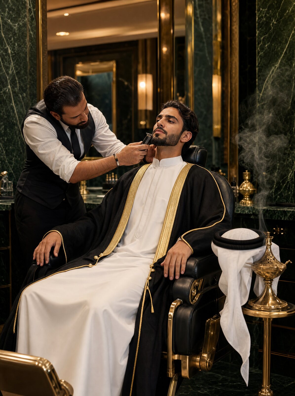 Emirati groom in a bisht having his beard line finished