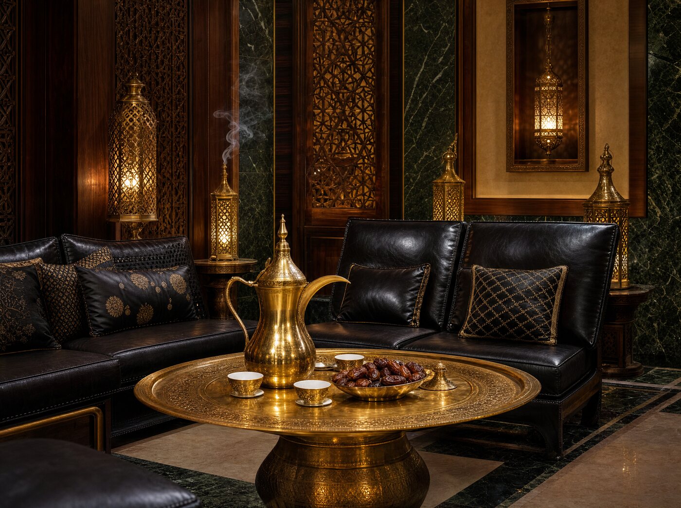 Majlis lounge with leather sofas and a brass dallah