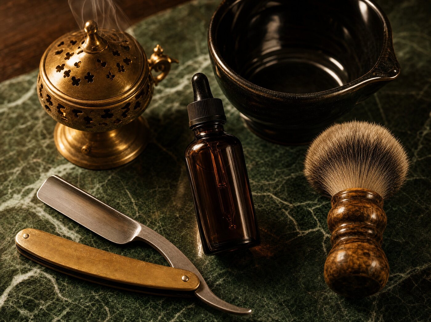 Oud beard oil, brass razor and shaving brush on marble